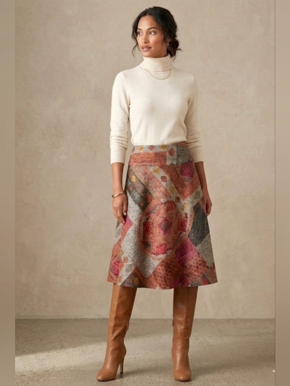 Coldwater Creek A-Line Circle Midi Skirt Boho Vintage Abstract Patchwork Retro